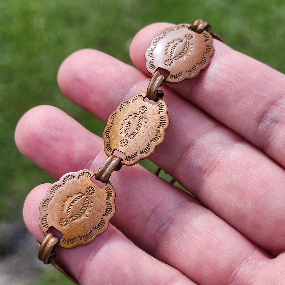 Vintage Solid Copper Southwestern Concho Link Bracelet Stamped Tooled Panels 7"